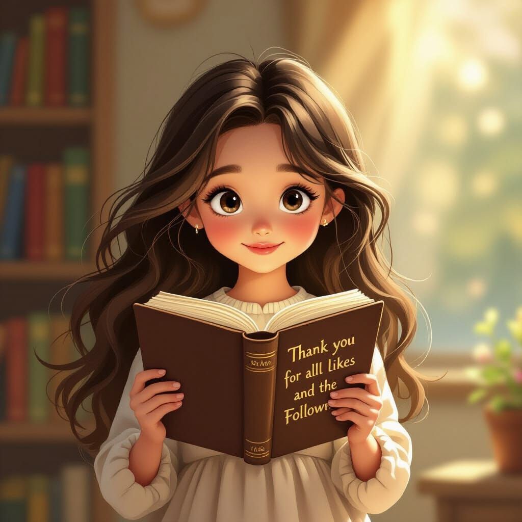 Girl Holding 'Thank You' Book in Storybook Style