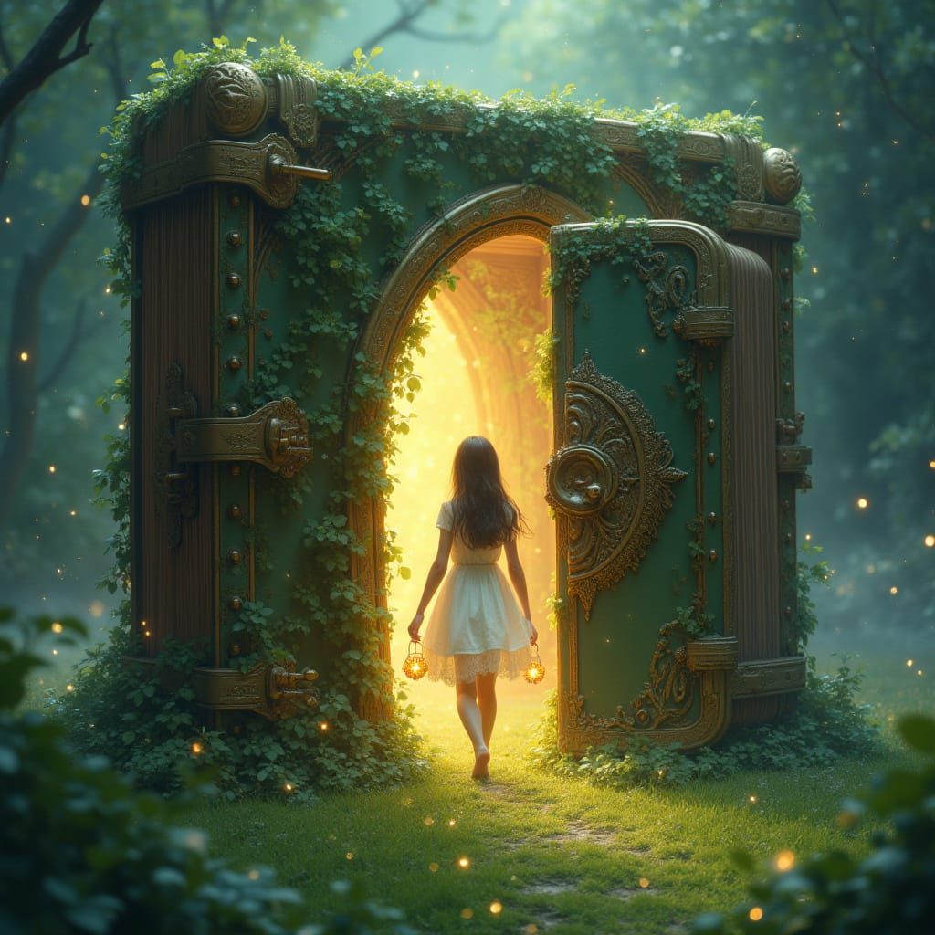 Ethereal Forest Portal: Woman Exiting Ornate Book