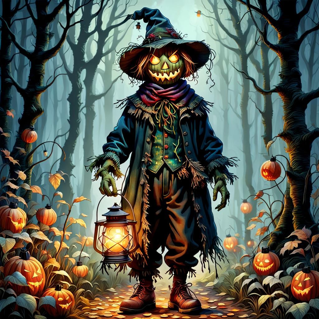 Anthropomorphic Scarecrow with Fairy Lantern in Dark Forest