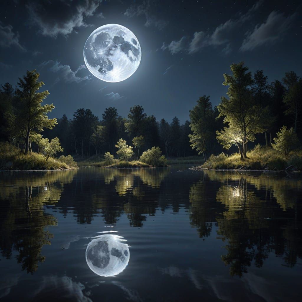 Moonlit Lake Scene in Photorealistic Hyperdetail