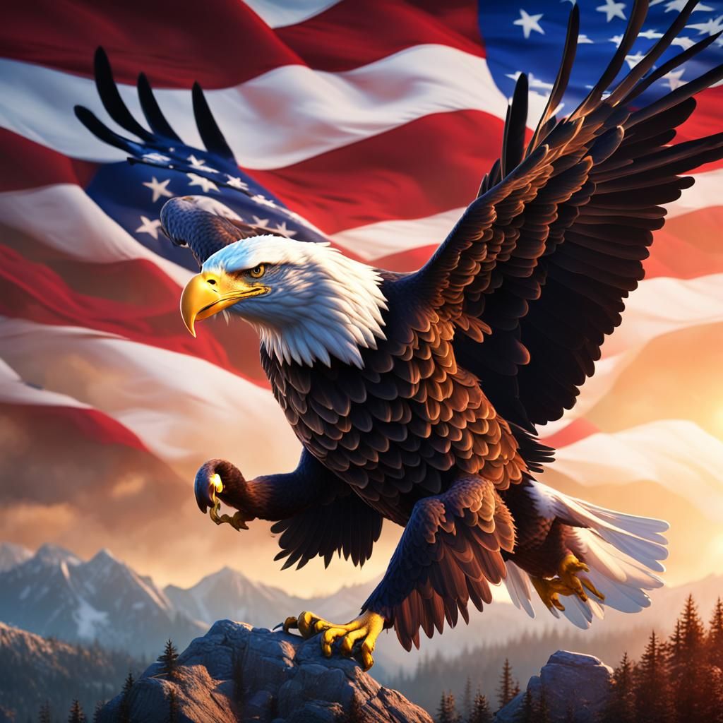 3d rendering bald eagle flying into a giant American flag br...