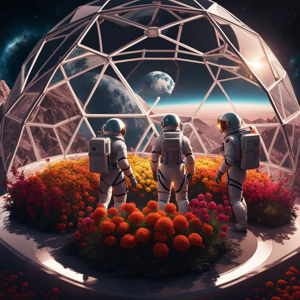 Astronauts Tend Lunar Flowers in Geodesic Dome