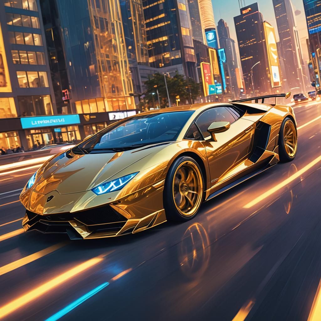 Gold and Blue Lamborghini Races Through Future City