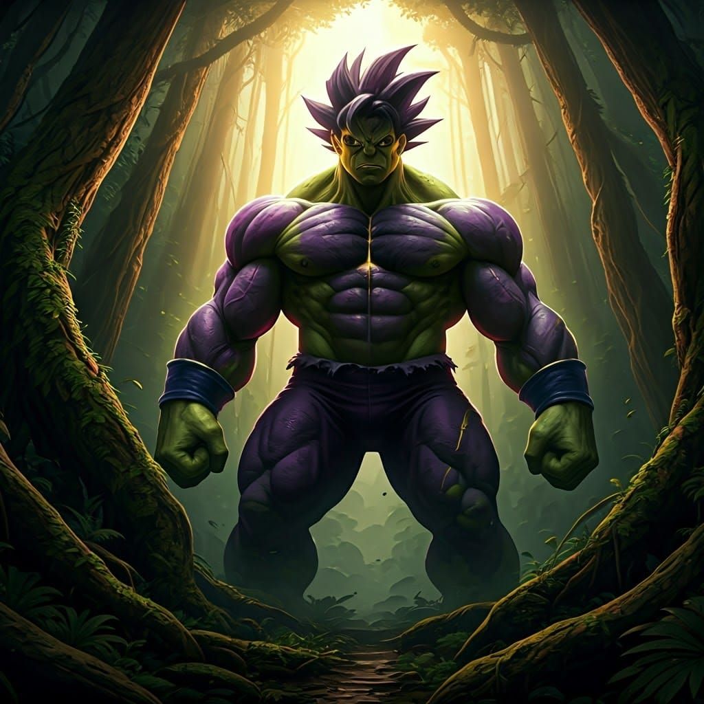 Goku Hulk Fusion in Amazon Forest, Dark Fantasy Art