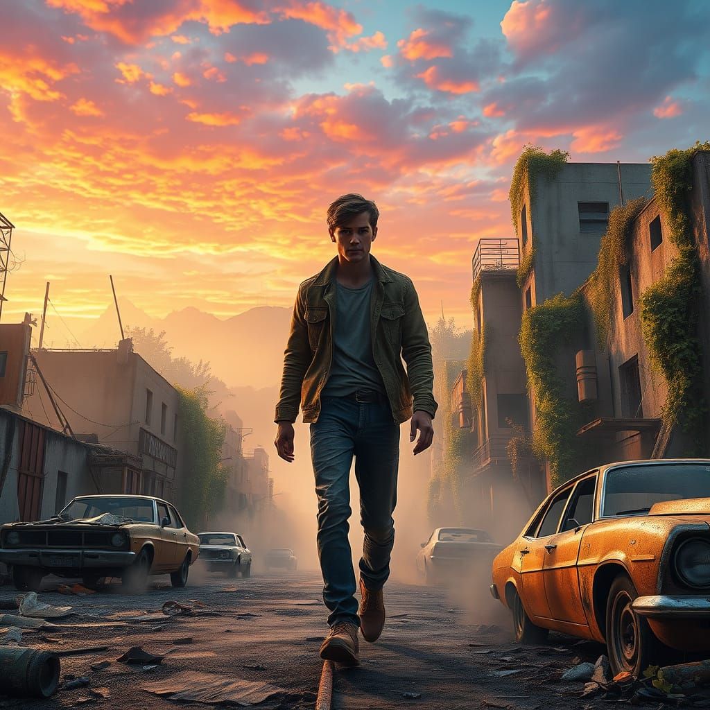 Young Man Walks Through Post-Apocalyptic Cityscape in Vibran...