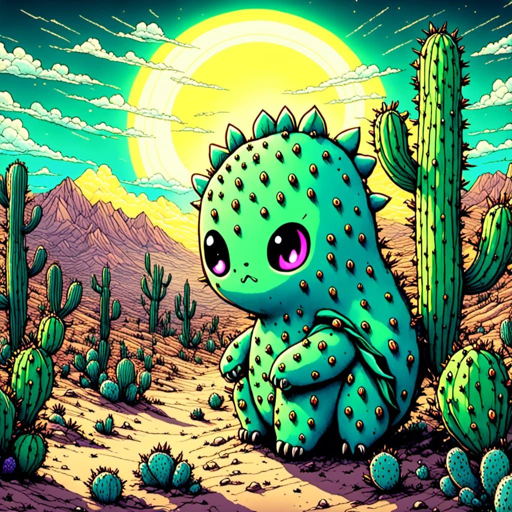 Creepy Cute Prickly Pear Monster in Neon Desert