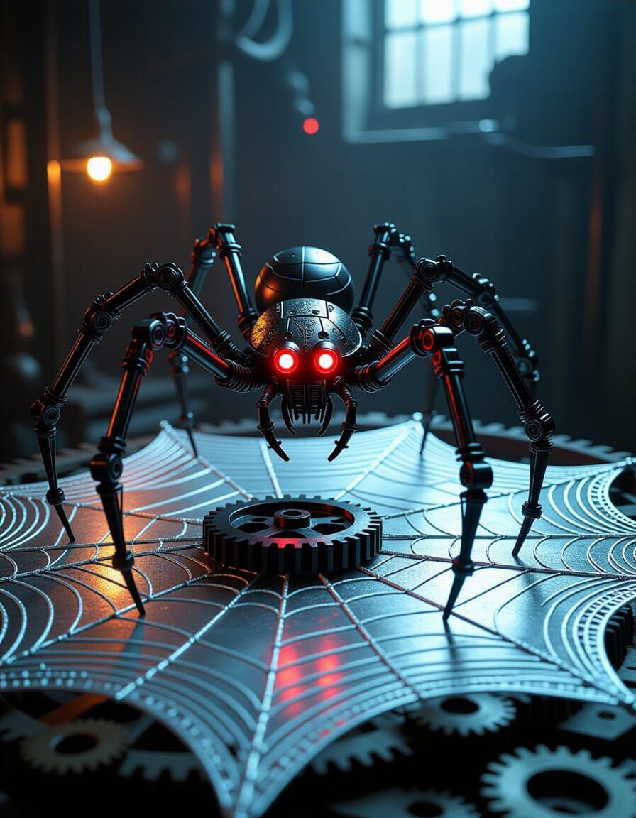 Mechanical Spider on Web in Industrial Gothic Style