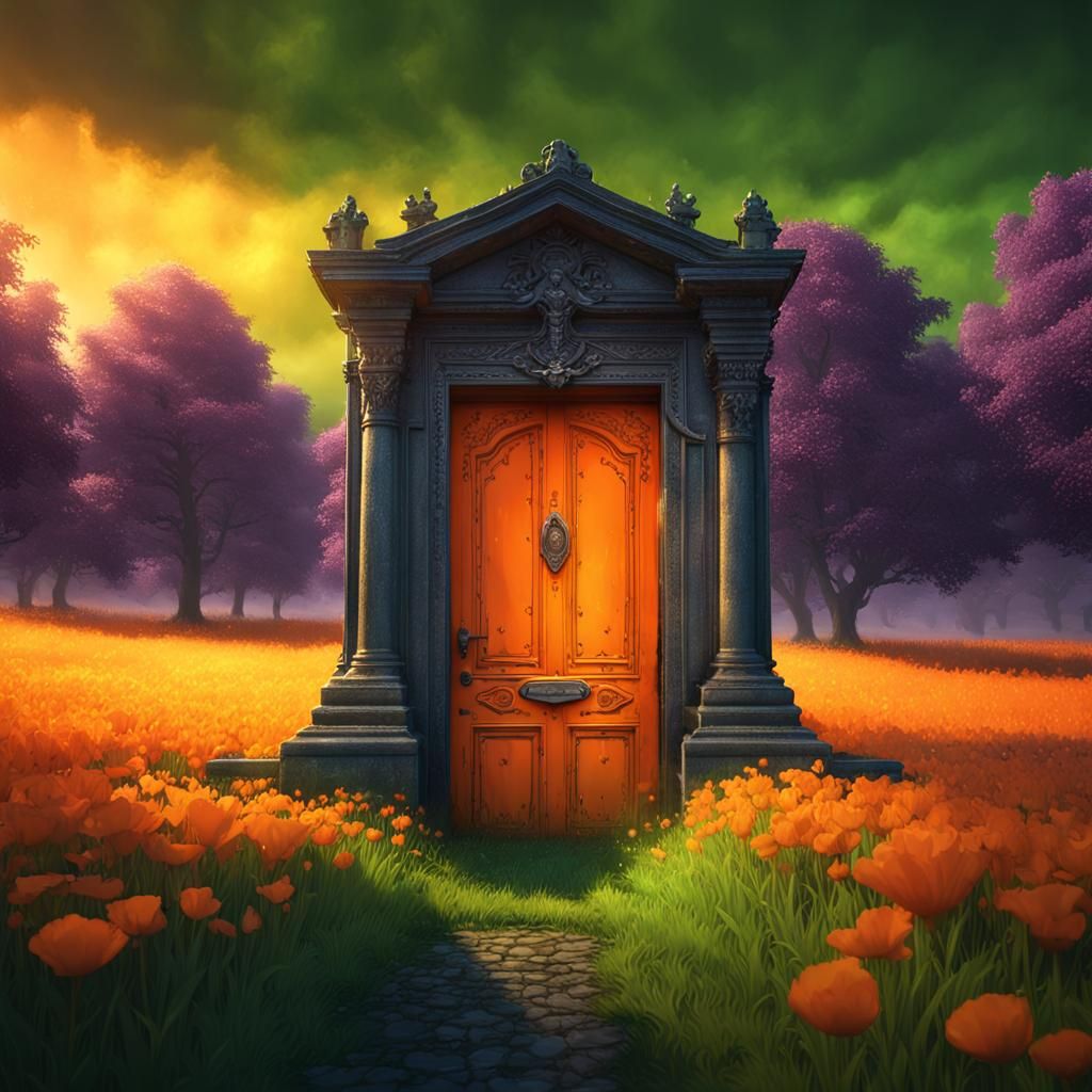 Glowing Orange Door in Green Field: Dark Fantasy Art