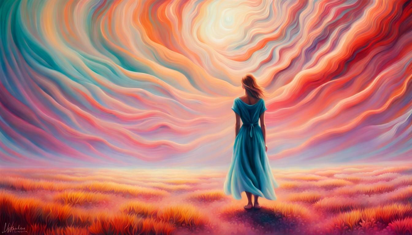 Surreal Woman in Dreamscape: Oil Painting