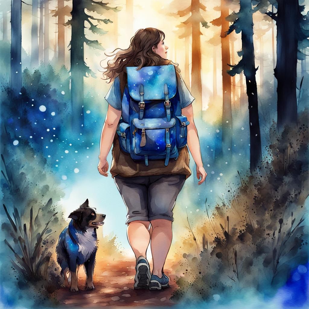 Woman Hiking with Dog in Watercolor Style