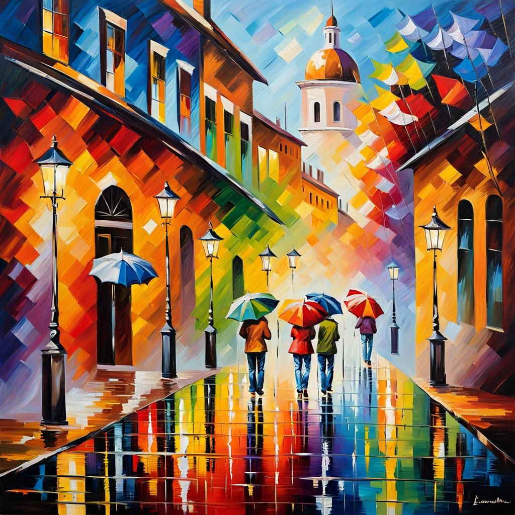 Rainbow Street Scene with Vibrant Umbrellas