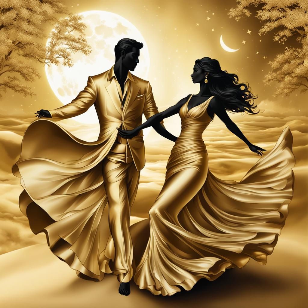 Romantic Couple Dancing in Moonlight on Silk