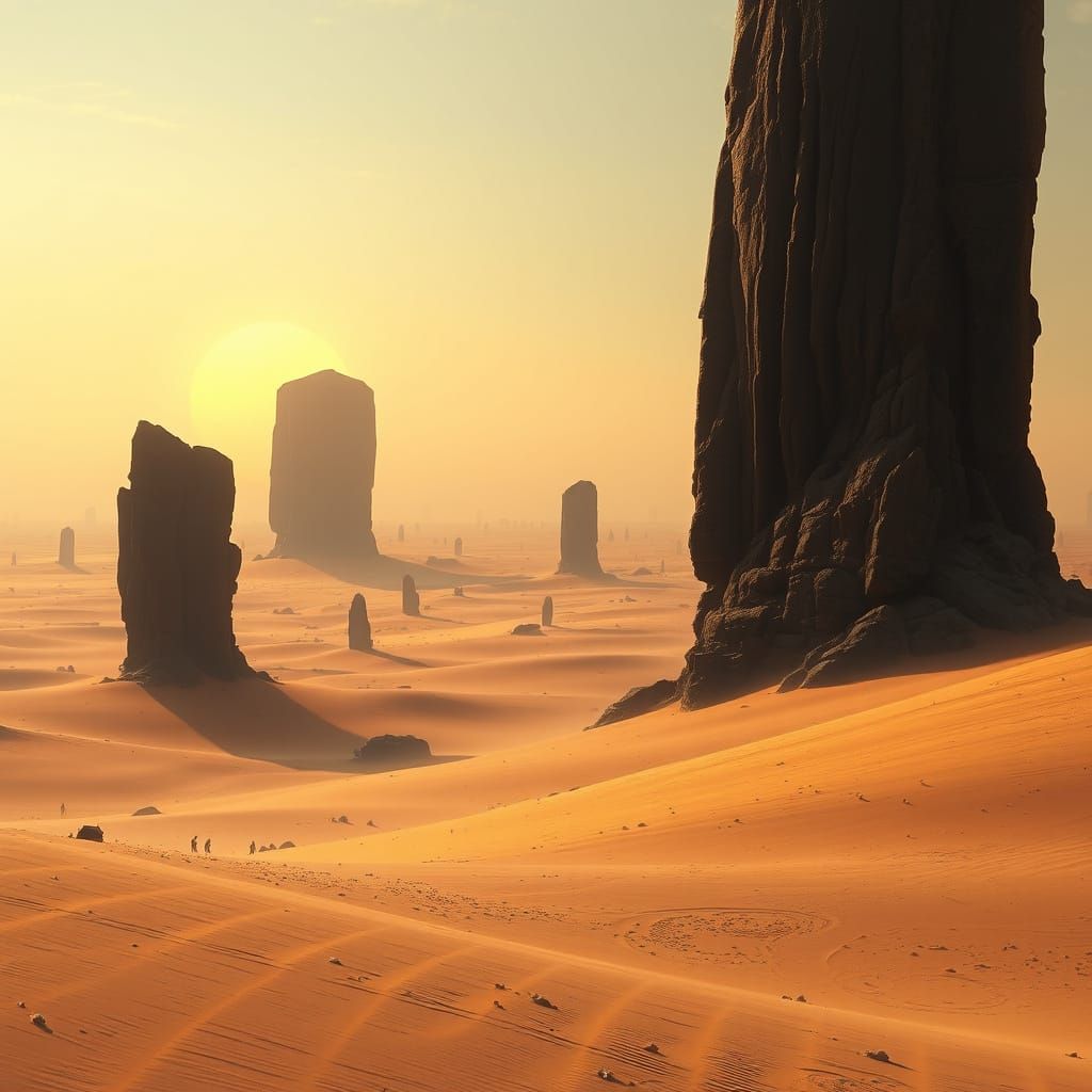 Mystical Desert Landscape with Ancient Monoliths and Magical...