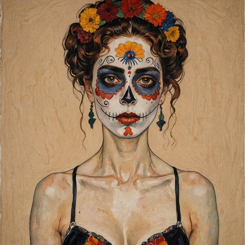 Woman with Día de los Muertos Face Paint in Expressionist St...