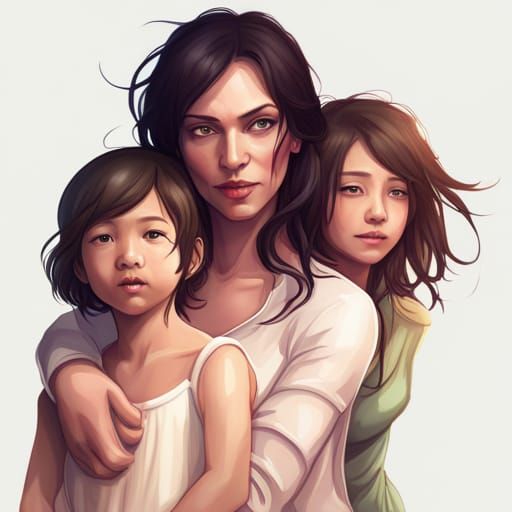 Mother and Daughters Portrait in Hyperdetailed Style