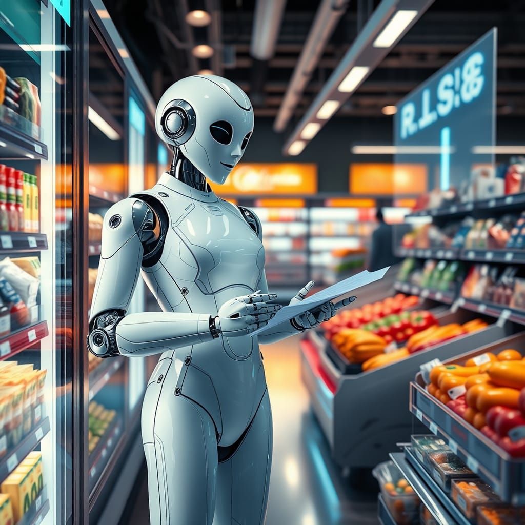 Futuristic Robot Rosie Shopping in High-Tech Supermarket