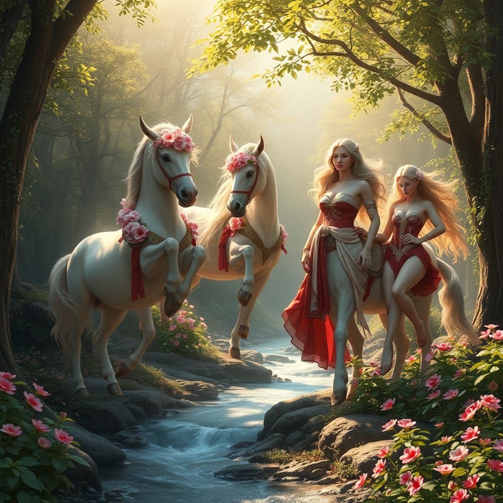 Centaurs and Nymphs in Resplendent Forest, 3D Rendered