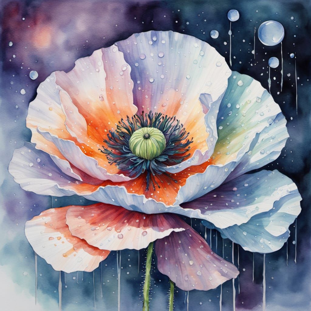 Ethereal Watercolor Poppy with Dewdrops in Moonlight