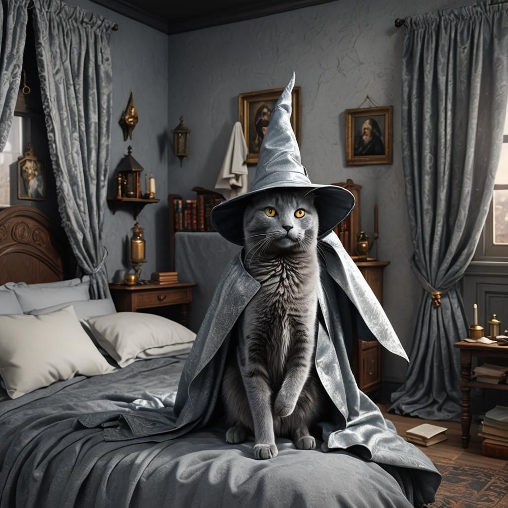 Russian Blue Cat Professor at Hogwarts in Fine Art Style