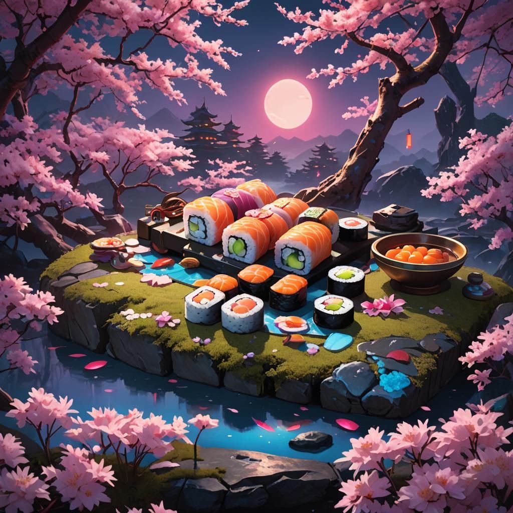 Ornate Sushi Roll in Dreamlike Japanese Garden