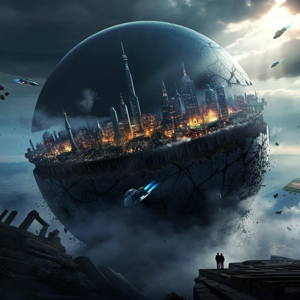 Gyroscopic City Rolling Over Ancient Ruins