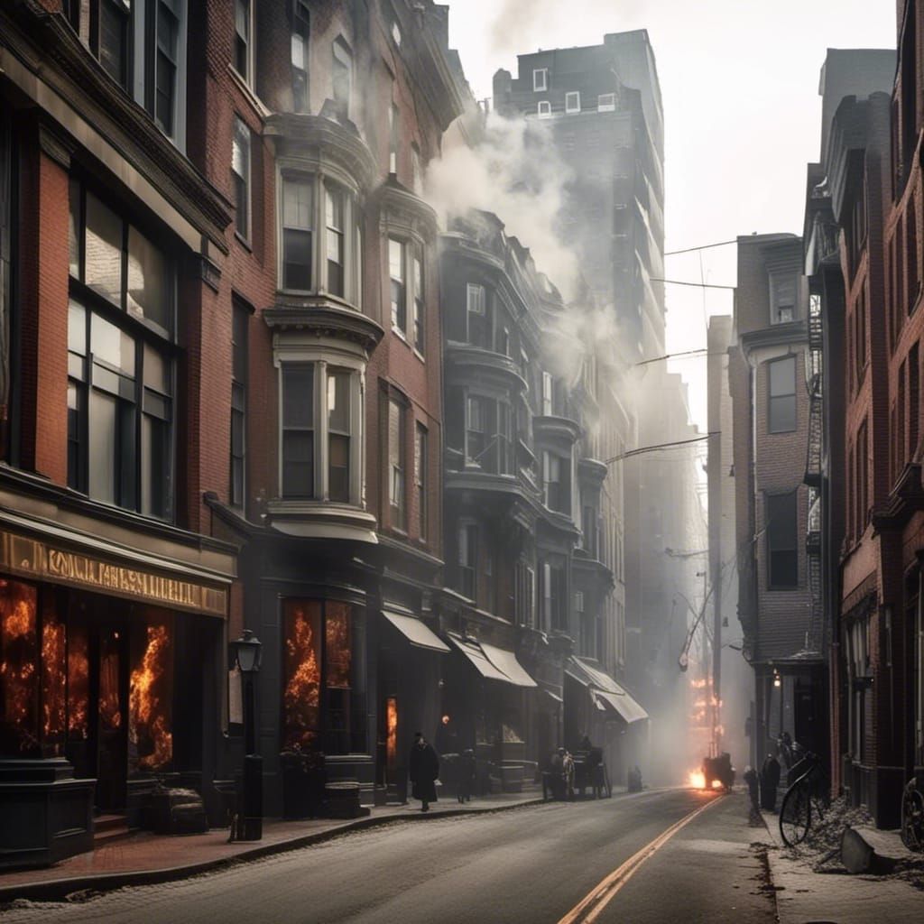 Dystopian 1776 Boston Street in Dark Fantasy Style