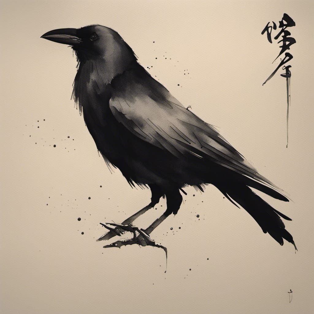 crow, Inkwash, Ippitsugaki, Japanese calligraphy art, Line Painting.