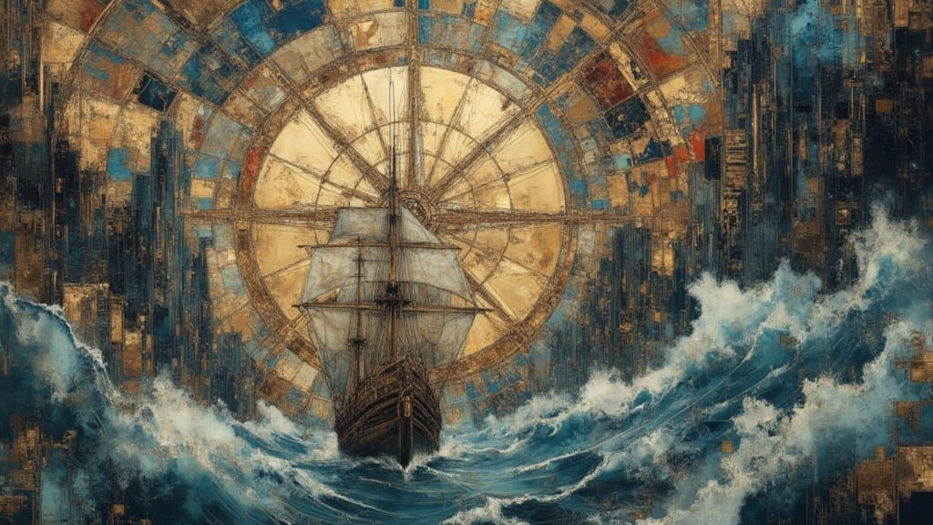 Sailing Ship Navigates Ocean with Compass Roses