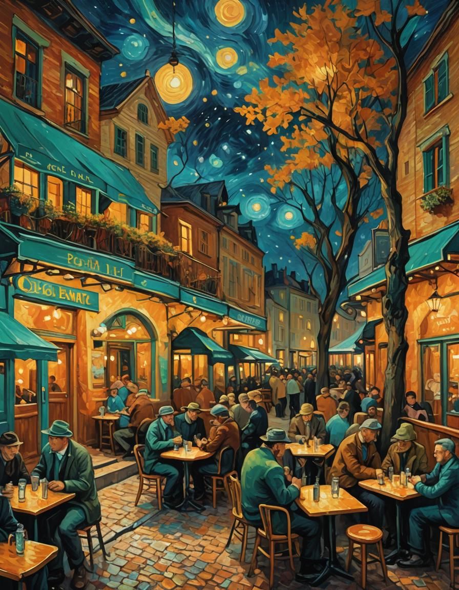Night Cafe Scene in Neo-Impressionist Style