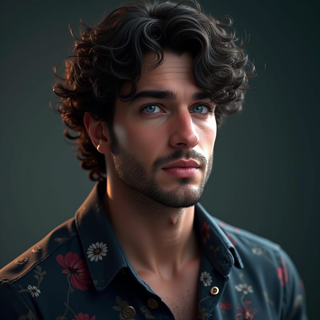 Detailed Portrait of Man with Dark Curly Hair