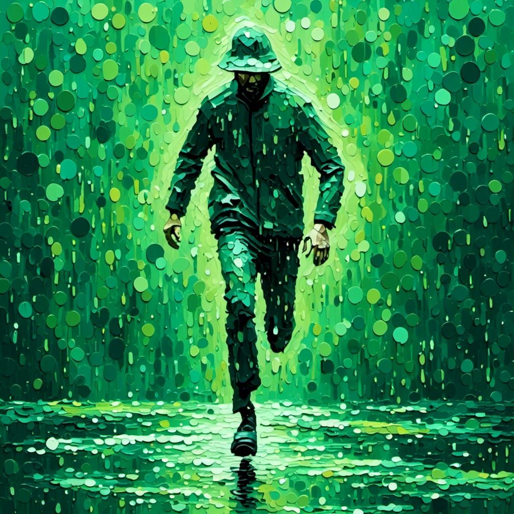Man Running in Rain: ASCII Art Matrix Style