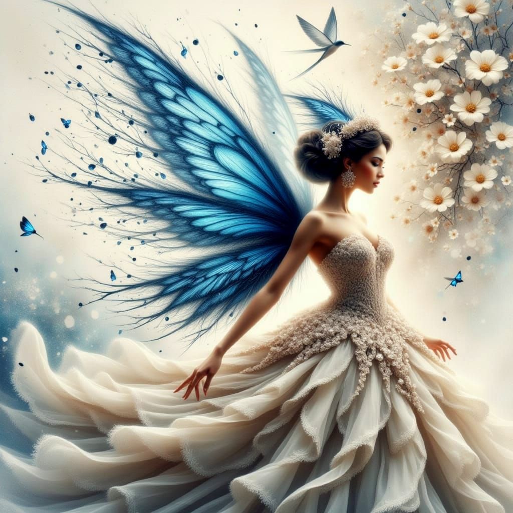 Ethereal Bird Fairy in Watercolor Style