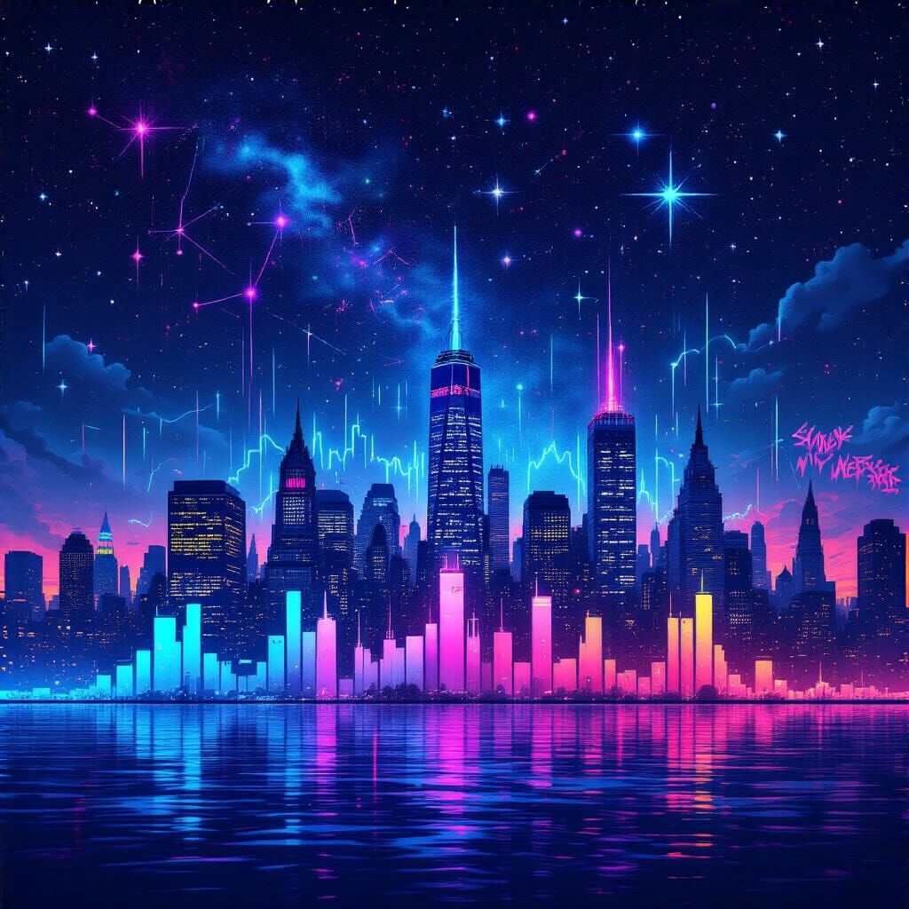 City Skyline Audio Equalizer with Neon Digital Sky