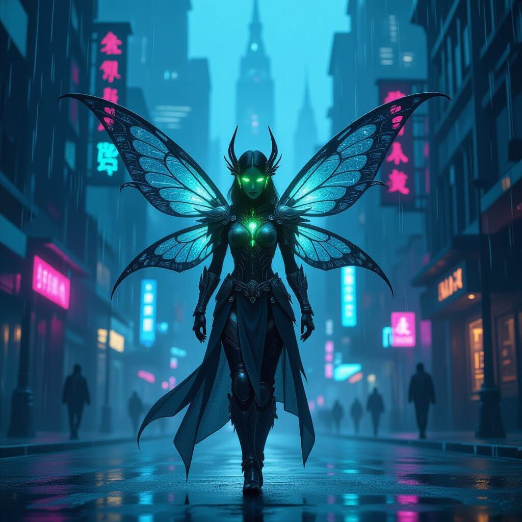 Cybernetic Fairy Warrior in Dark Fantasy Metropolis