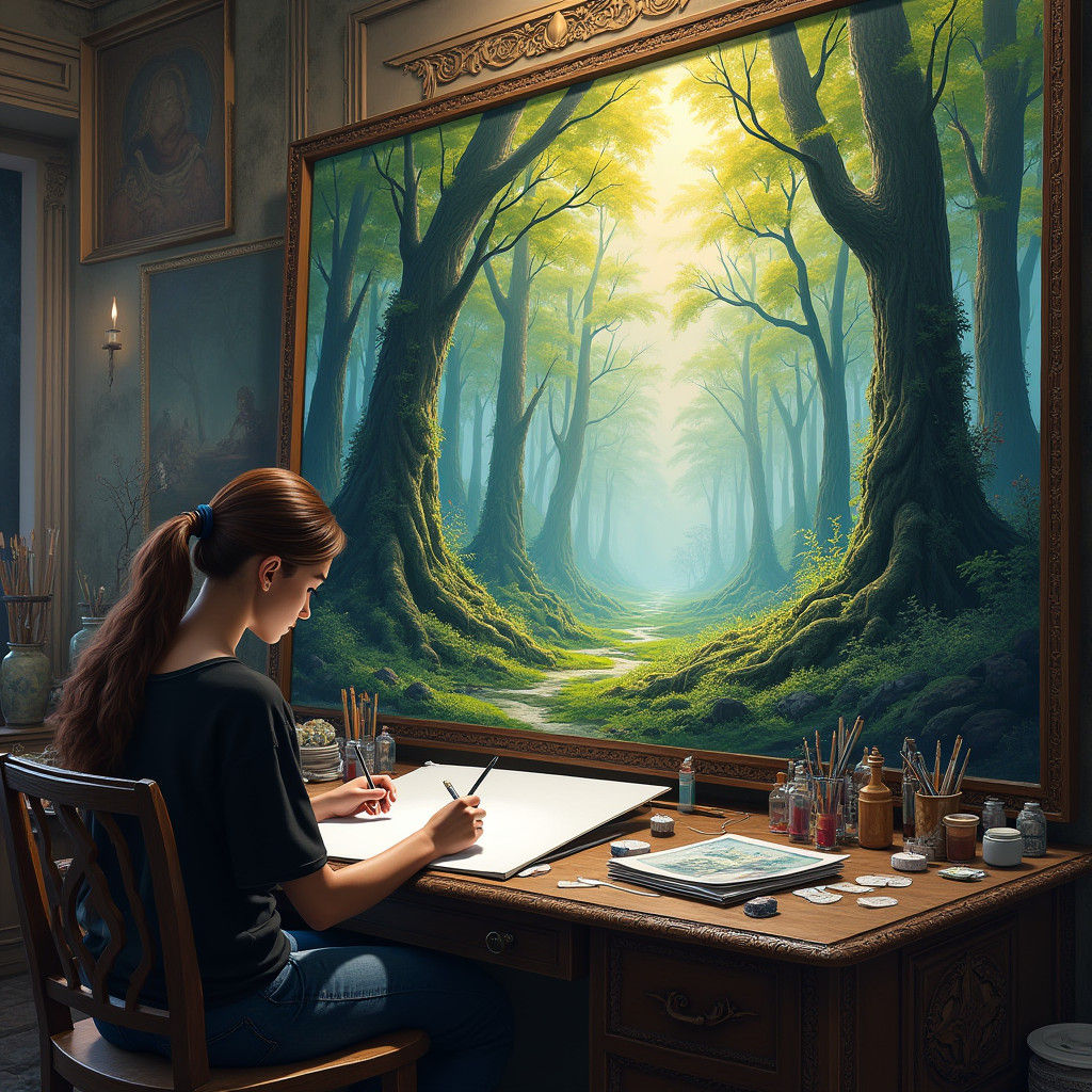 Artist Drawing a Forest Landscape in Matte Painting Style