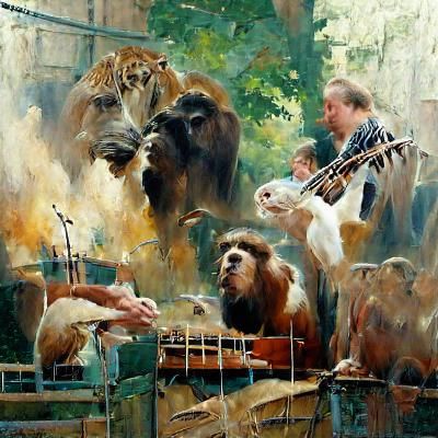 Zoo Animals Perform Live Concert as Oil Painting