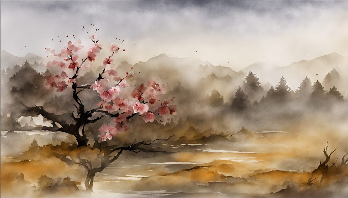 Elegant Cherry Blossom Branch in Sumi-e Style