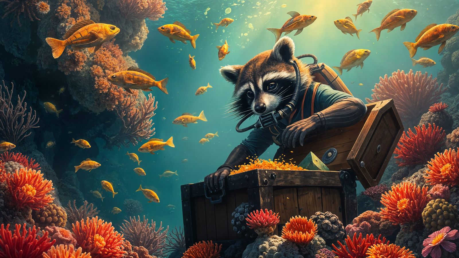 Raccoon Diver Stealing Pirate Treasure on Coral Reef