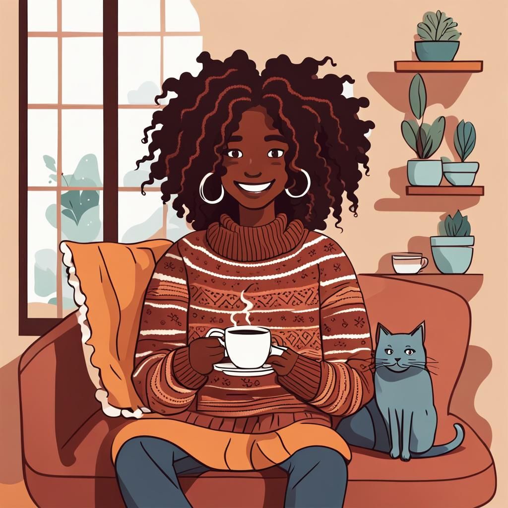 Cozy Woman with Tea and Cat in Vector Style