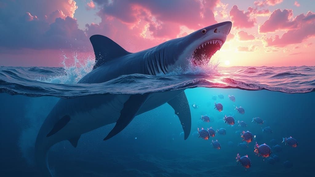 Megalodon Attacks Iridescent Fish in Bioluminescent Ocean