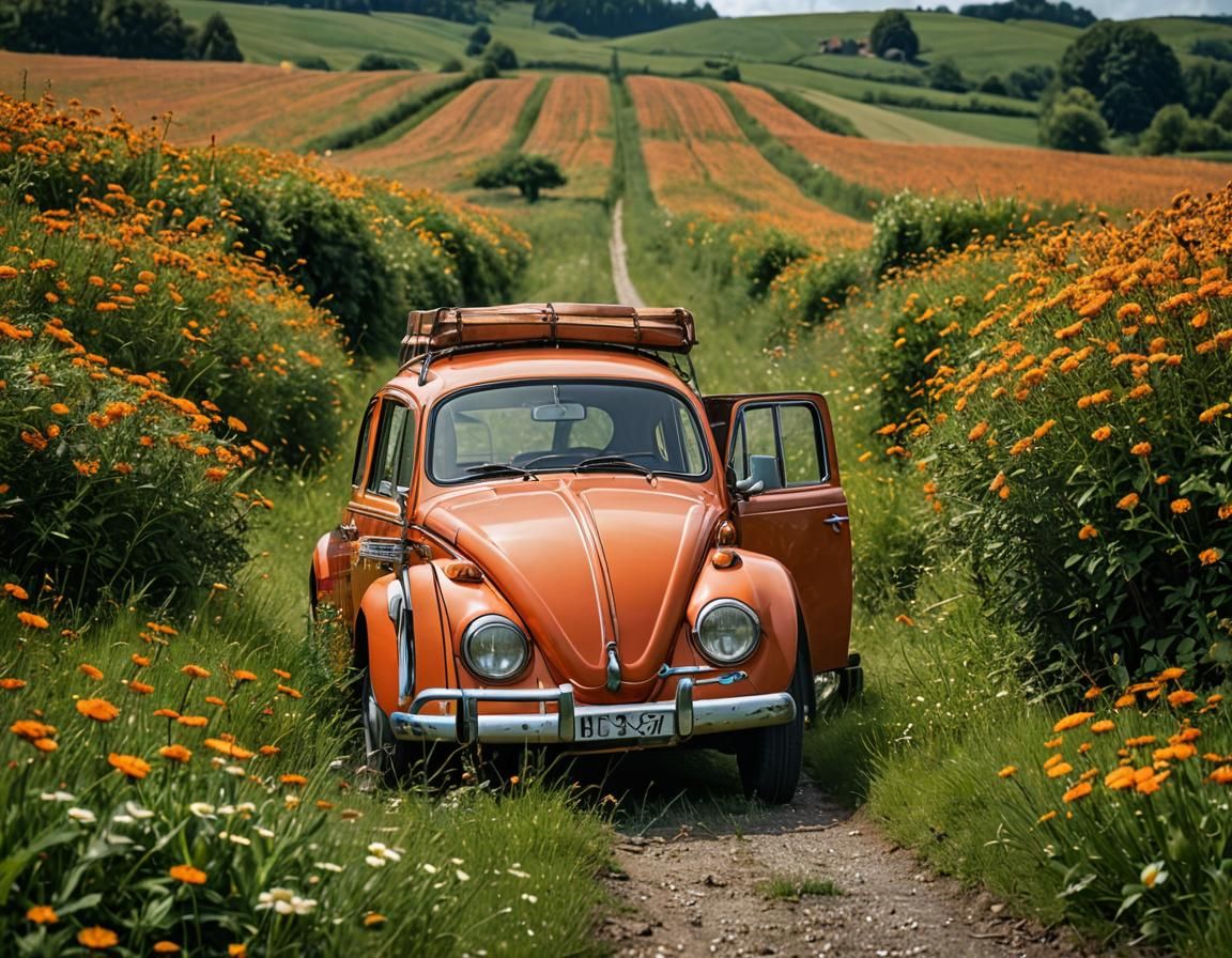 Vintage Orange VW Beetle on Country Road