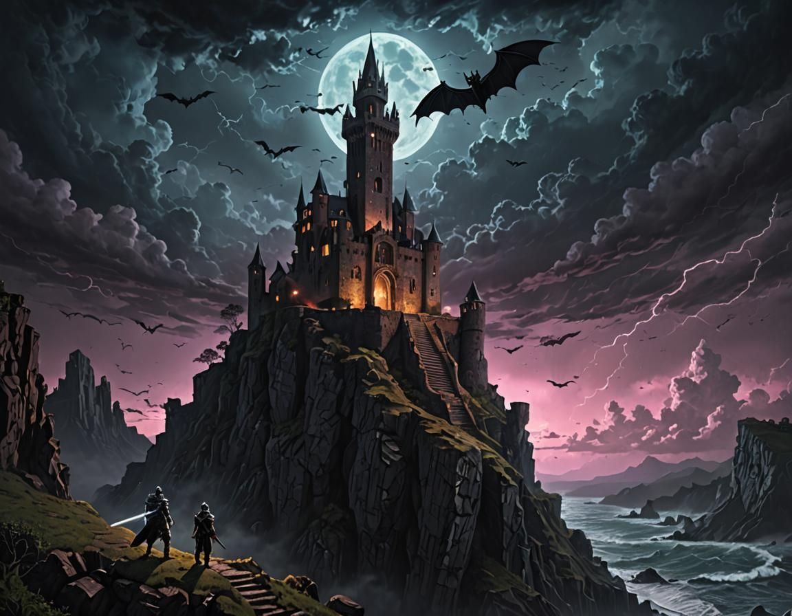 Stormy Knight at Ruined Castle, Vaporwave Style