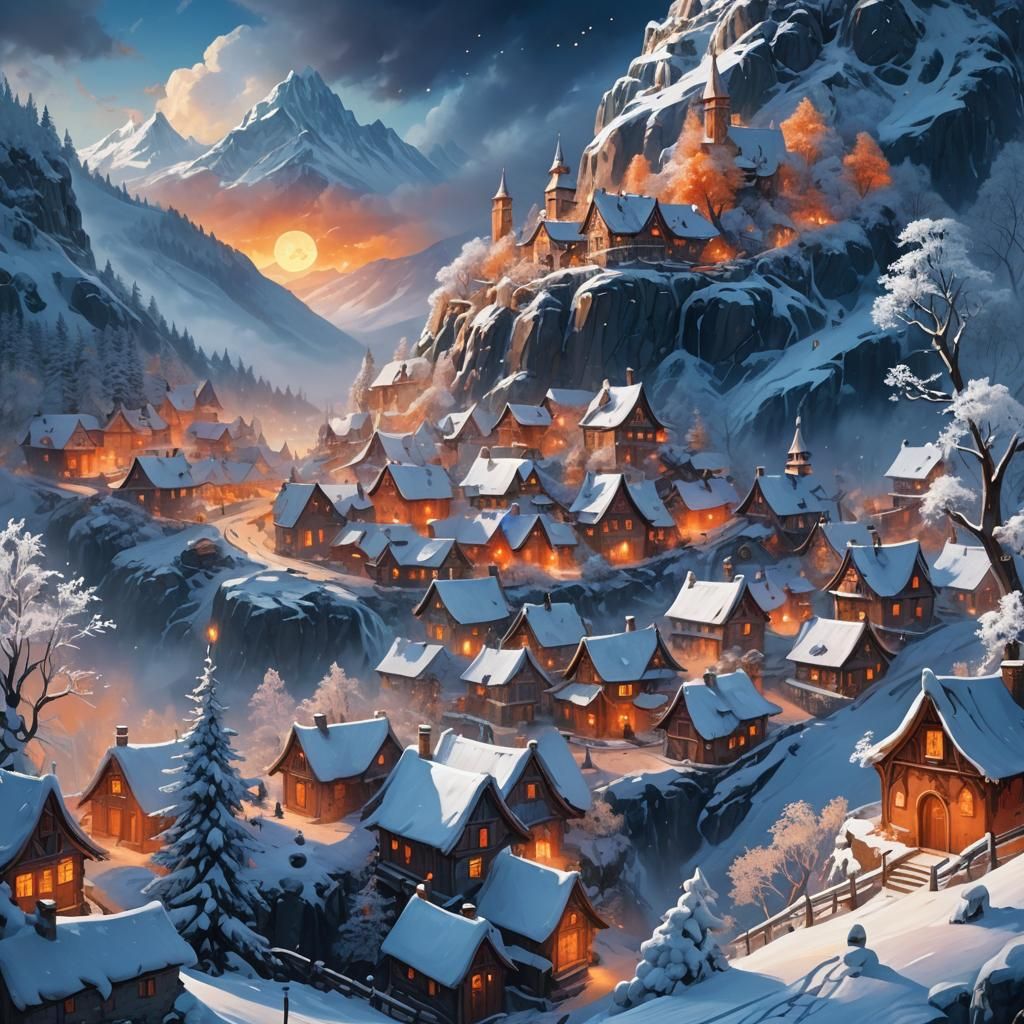 Mystical Snow Village at the Foot of Glowing Mountain