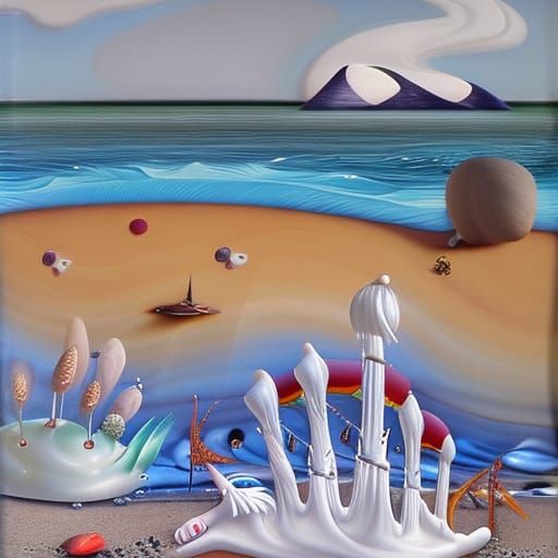 Beach Scene in Surrealist Oil Painting Style