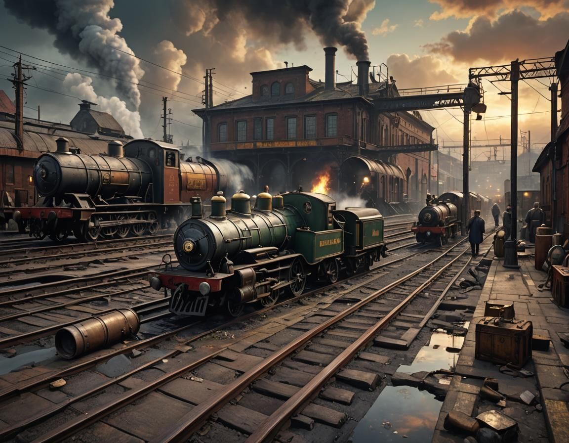 Grim Dieselpunk Train Station at Sunset