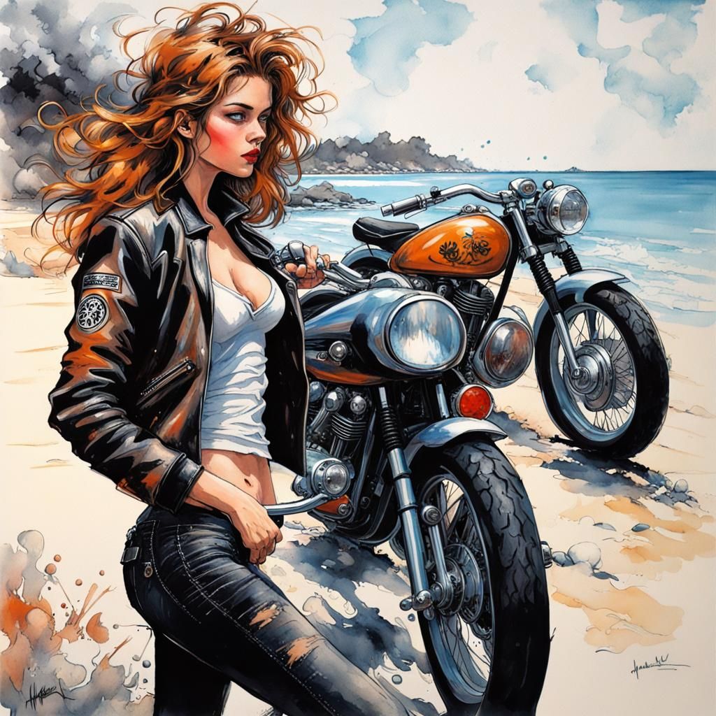 Hazel-Haired Beauty with Vintage Motorcycle, Ink Splash Art