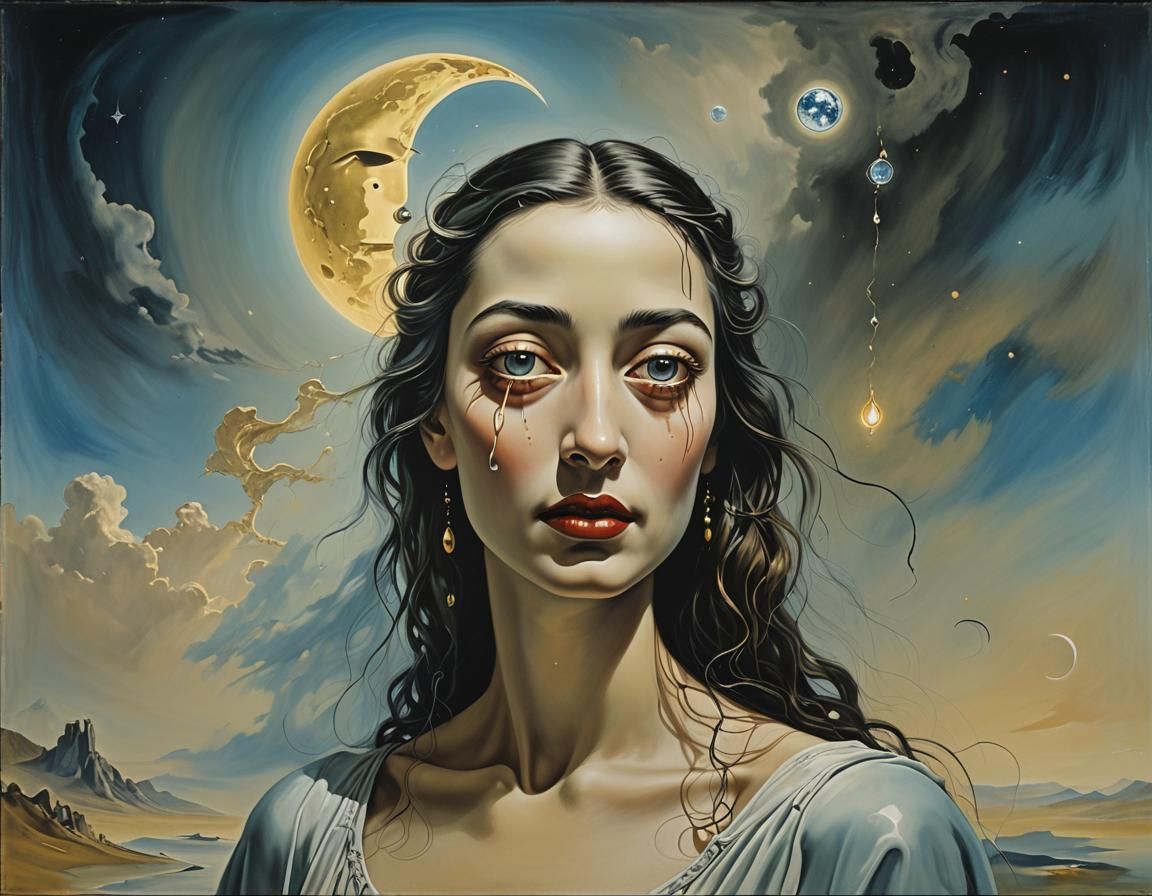 Surreal Moonlit Woman in Melting Oil