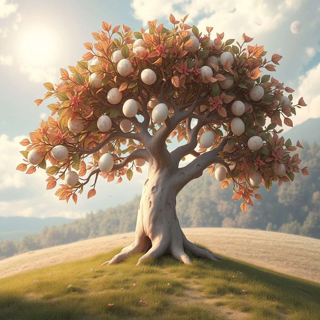 Surreal Tree in Sunlit Dreamscape with Glowing Eggs