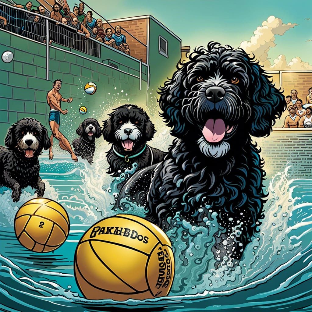Portuguese Water Dogs Practicing Water Polo Before The Championship Game