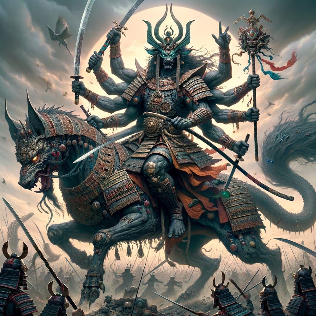 Mythical Samurai God on Qilin in Battlefield